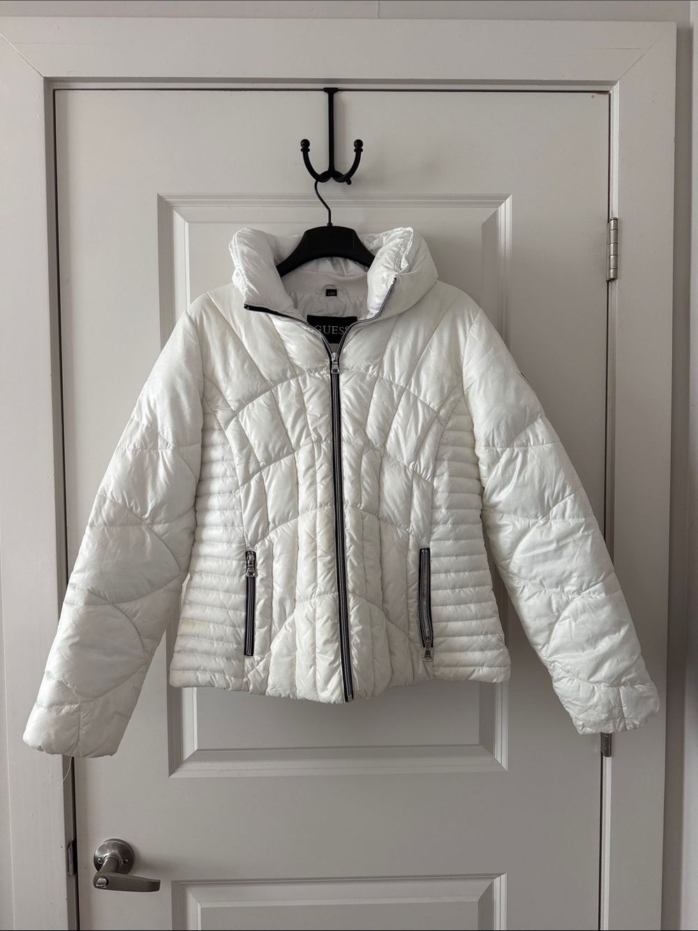 GUESS White Quilted Puff Jacket with Contrast Zippers